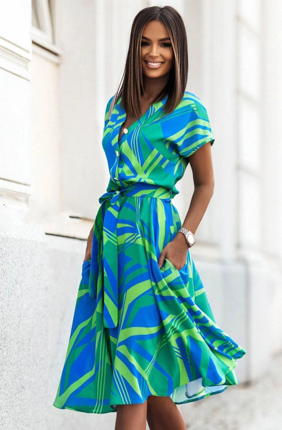 Zoey Green Abstract Print Belted Midi Dress *PRE ORDER 25 MAY APPROX*