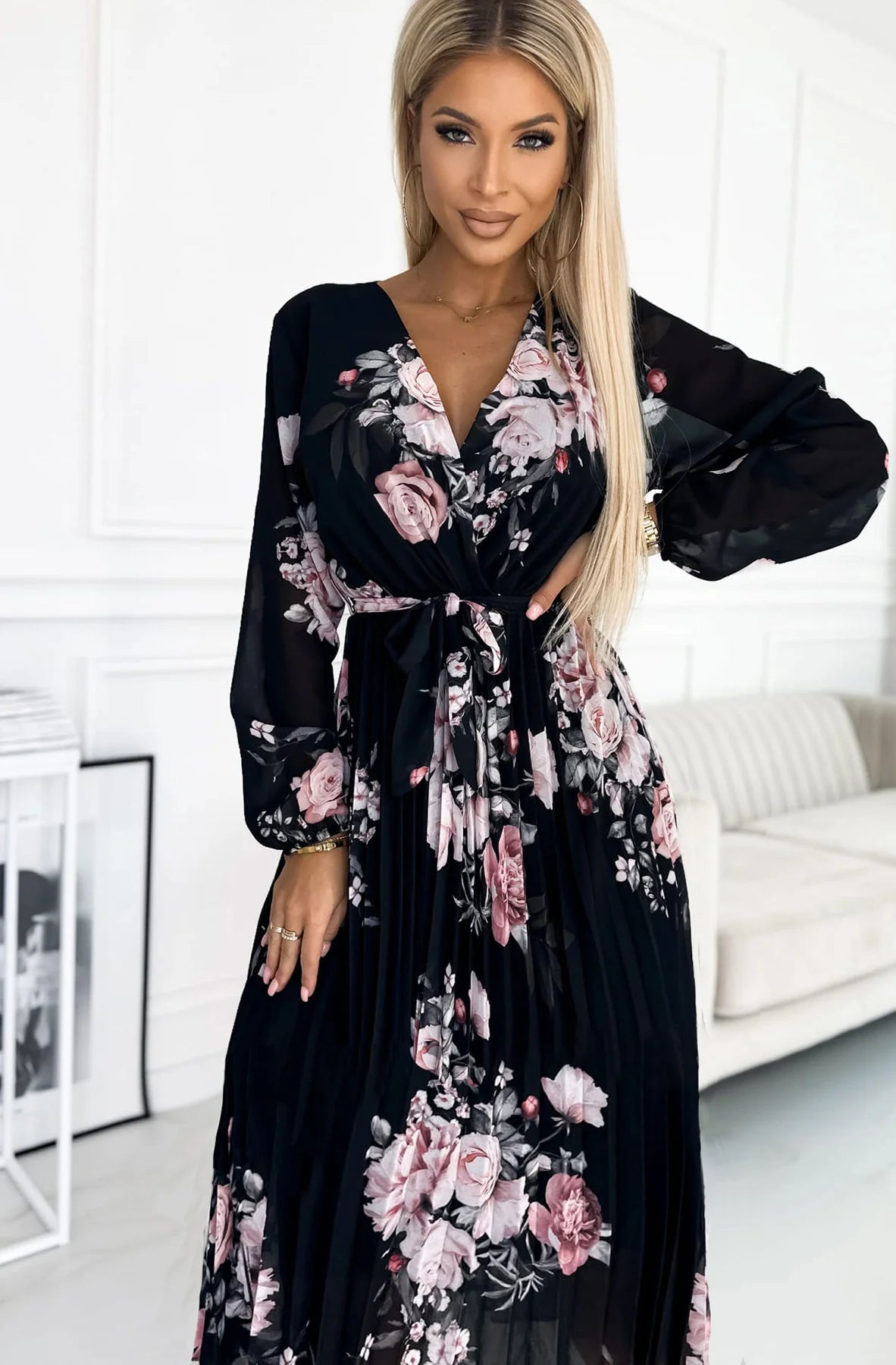 Kora Black Floral Chiffon Pleated Midi Dress