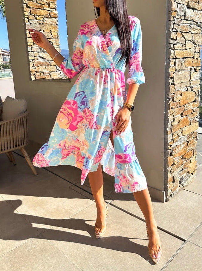 Lillie Blue Floral Wrap Top Style Midi Dress