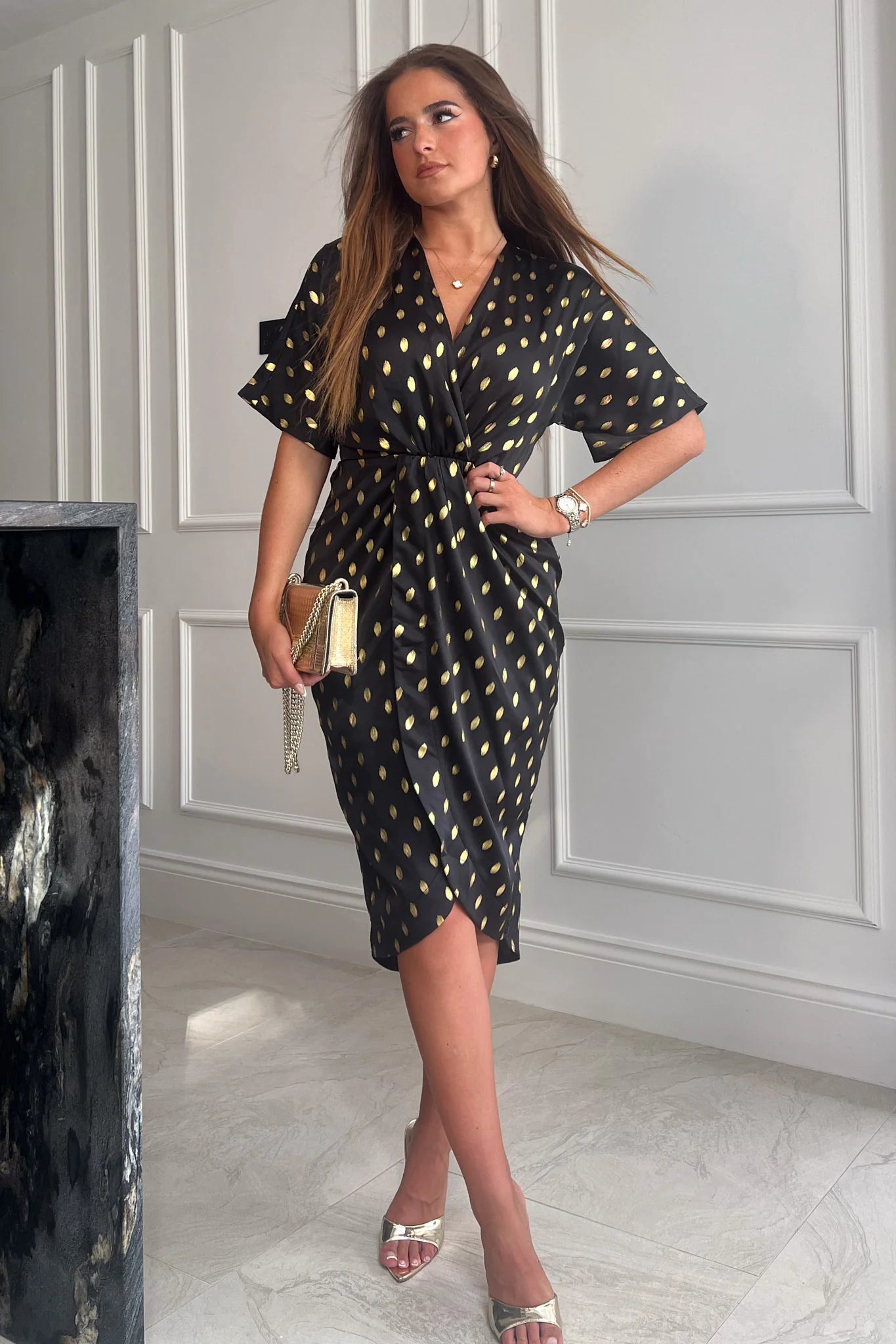 Jody Black and Gold Foil Printed Wrap Style Dress