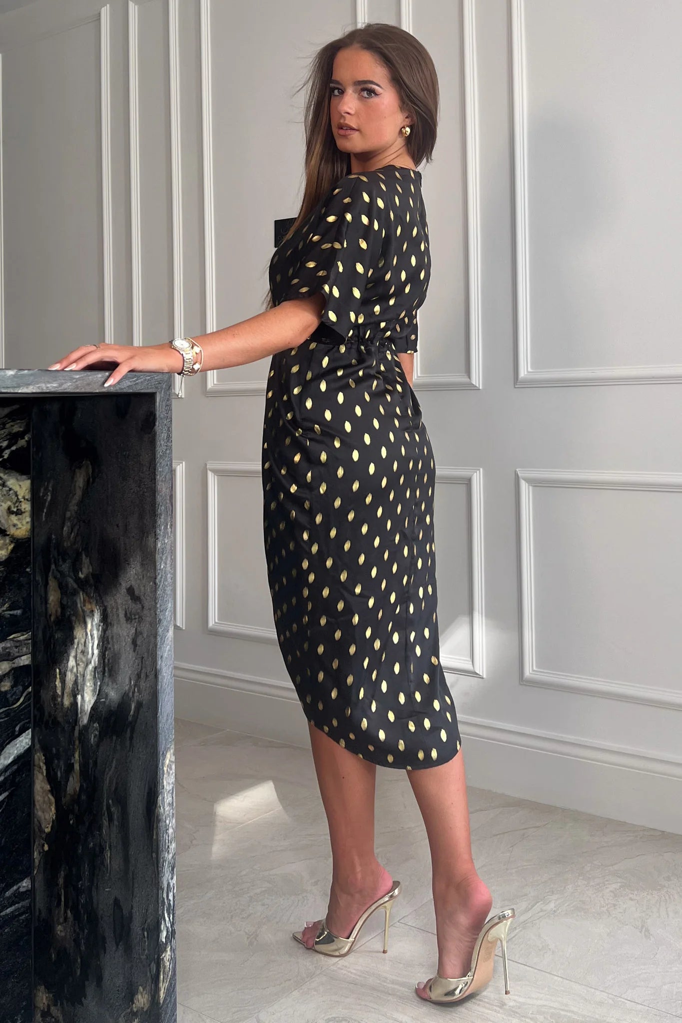 Jody Black and Gold Foil Printed Wrap Style Dress