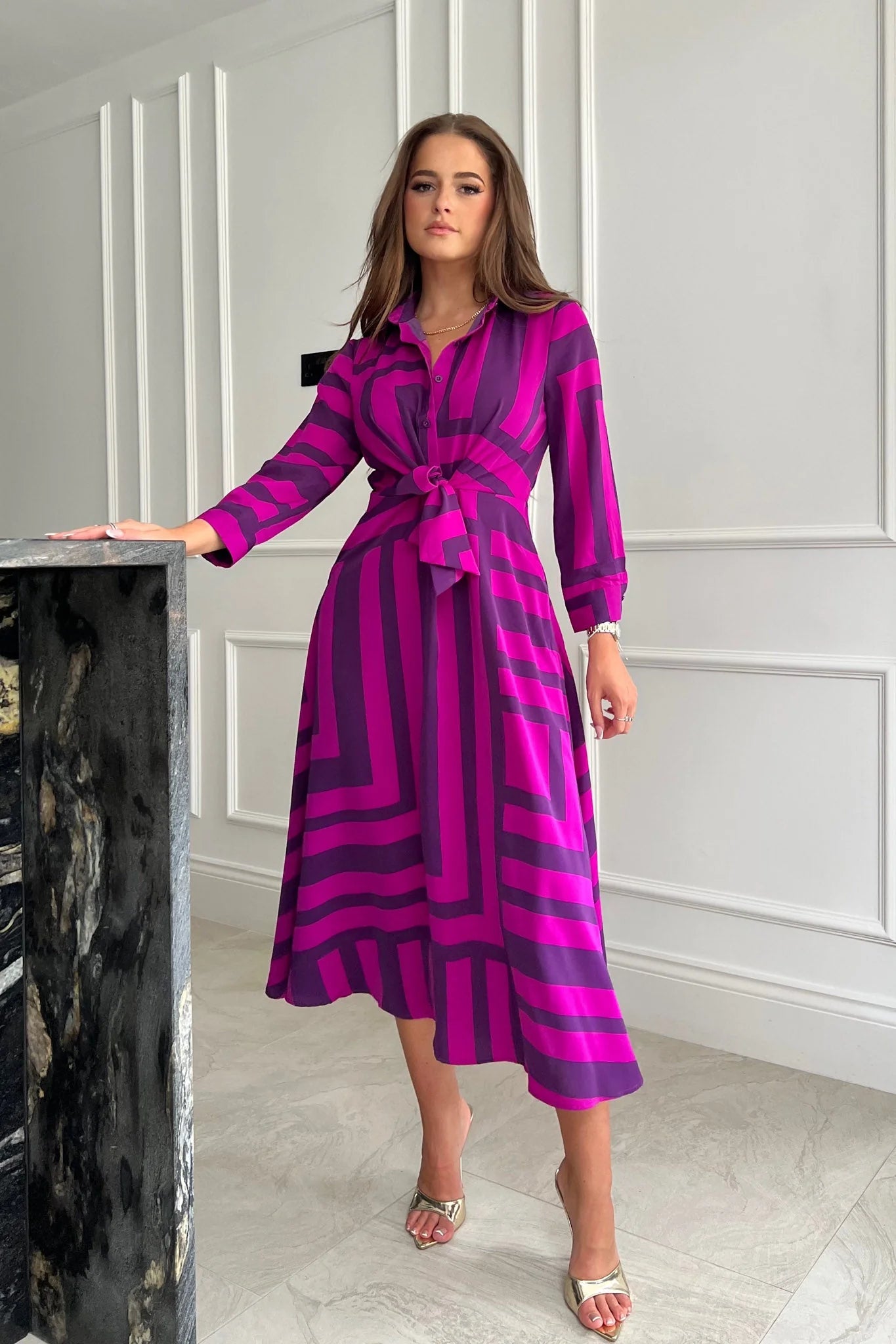 Irene Purple Print Tie Front Shirt Dress