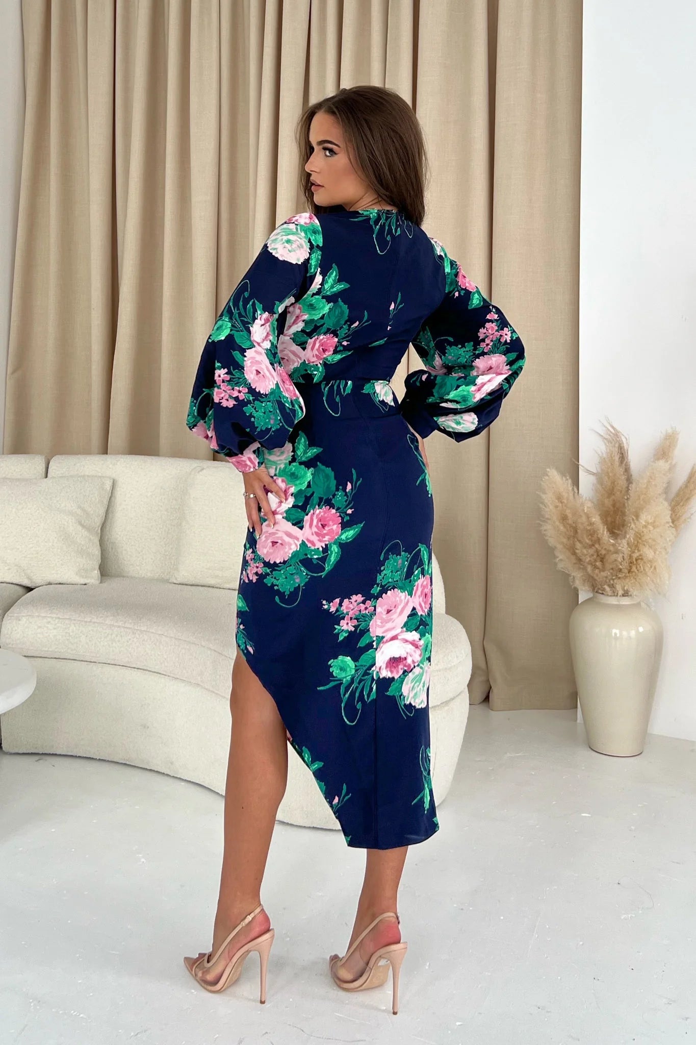 Alexa Navy Pink Floral Asymmetric Long Sleeve Dress