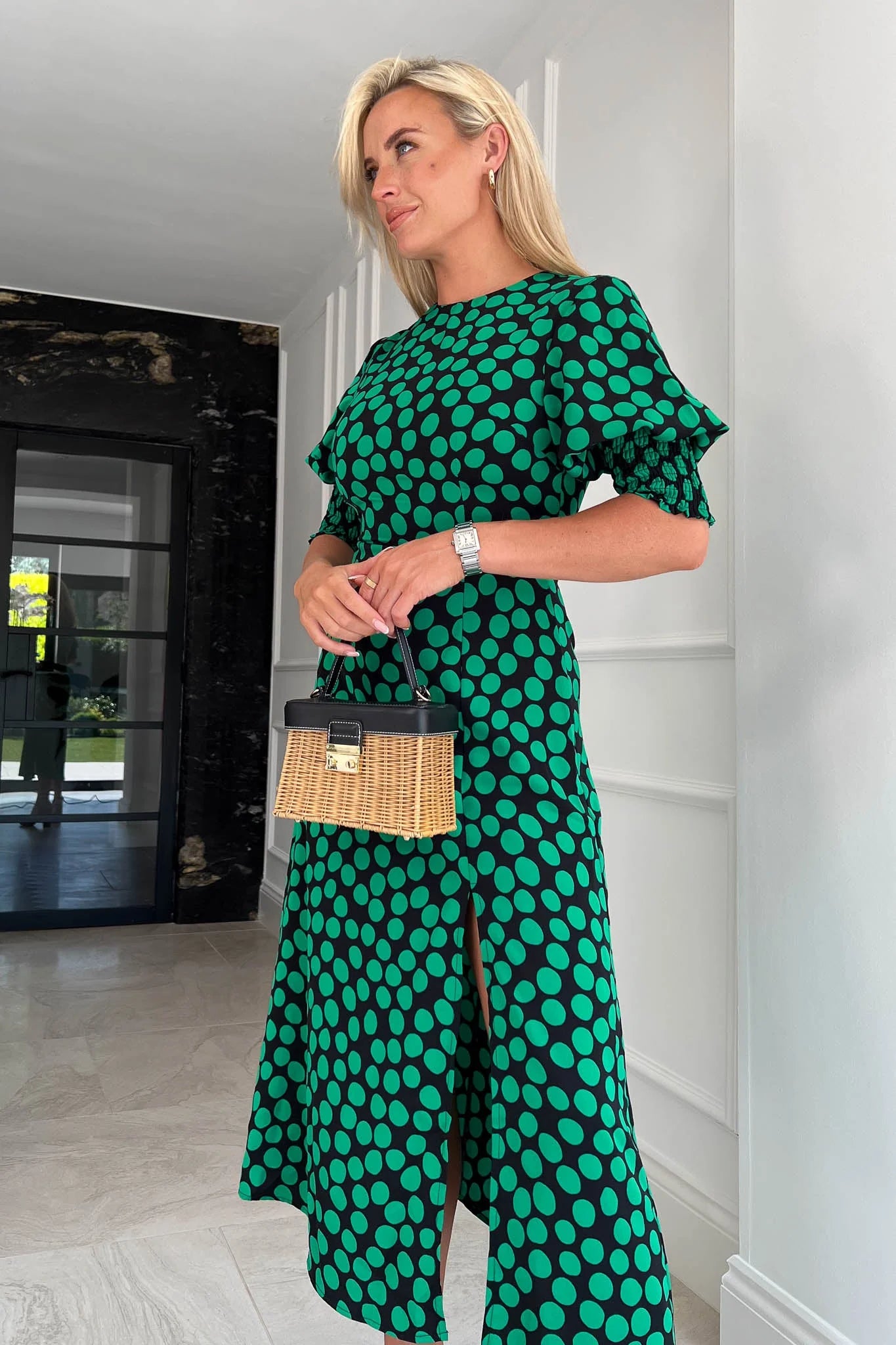 Bernie Green Polka Dot Shirred Cuff Midi Dress