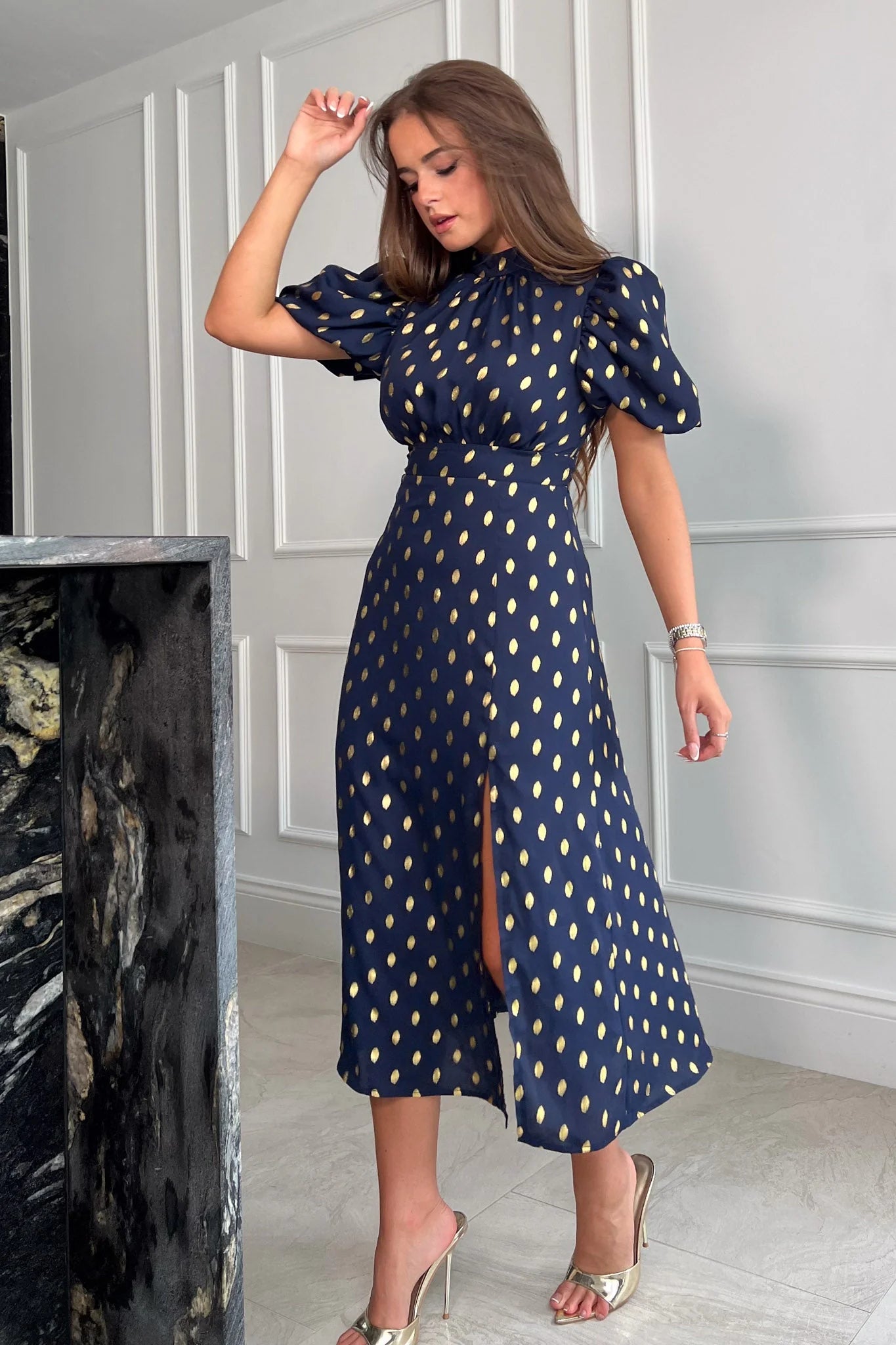 Lilly Navy Gold Foil Print Puff Sleeve Midi Dress