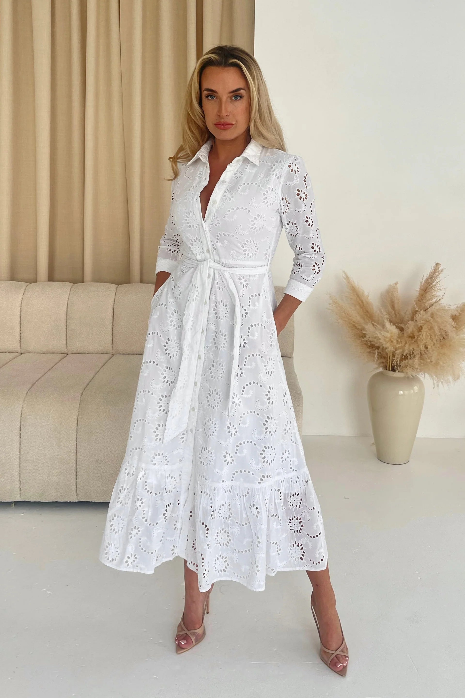 Lauren White Broidery Shirt Belted Maxi Dress