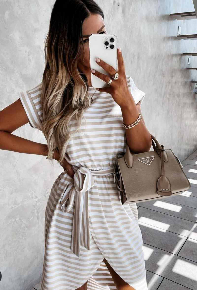 Janice Beige and White Stripe Wrap Style Belted Dress