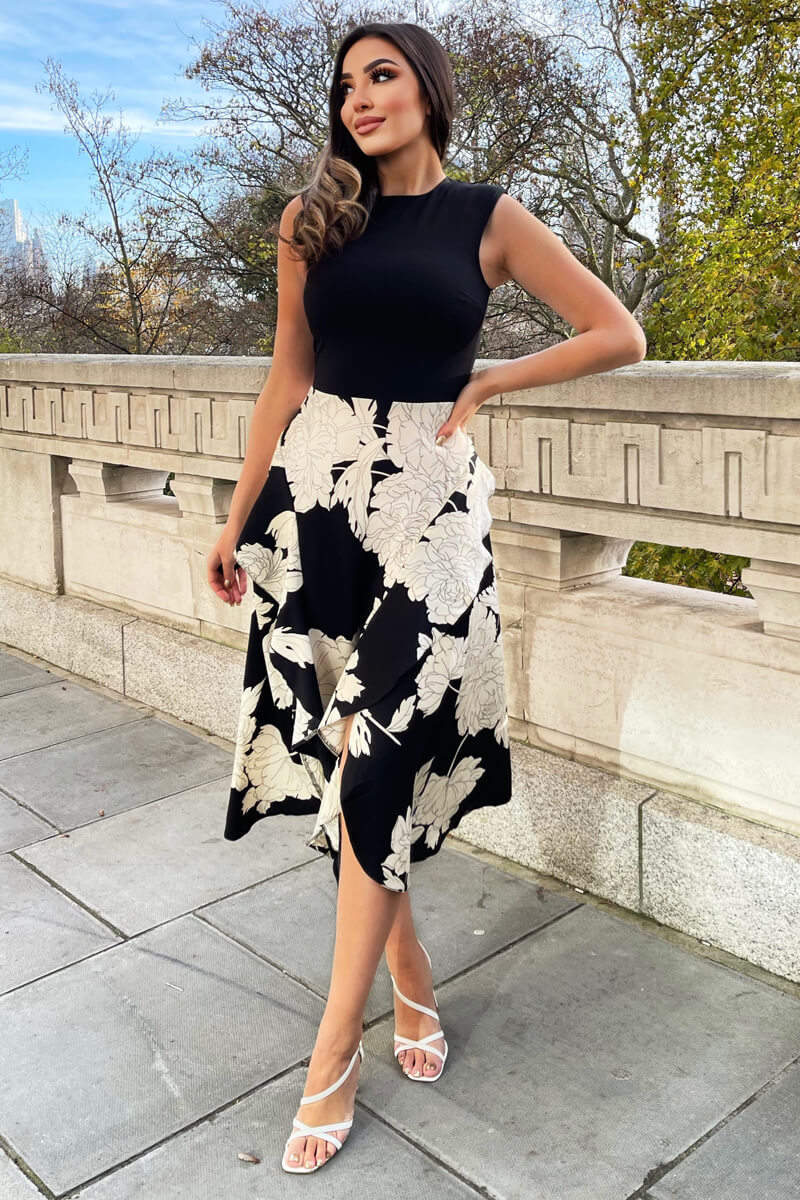 Lucy Black and Cream Floral Print 2 in 1 Midi Dress