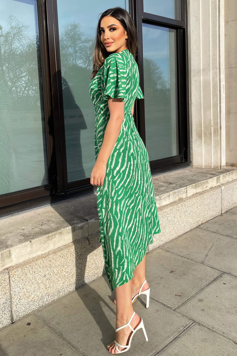 Gretta Green and White Animal Print Midi Dress