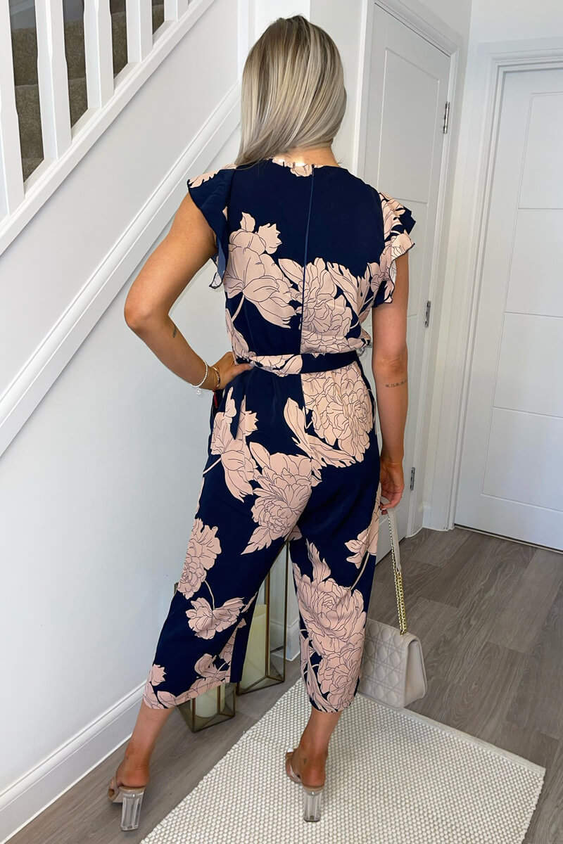 Josie Navy and Blush Floral Belted Jumpsuit