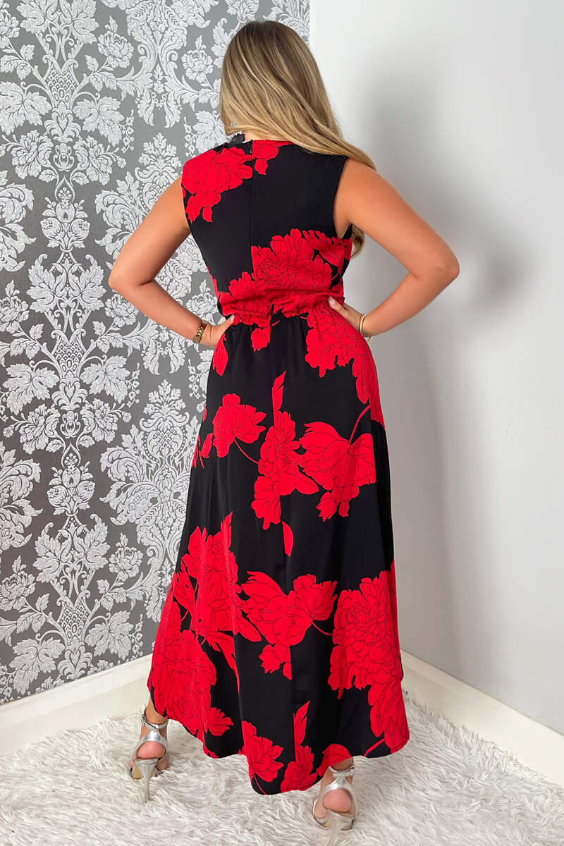 India Red and Black Floral Print Wrap Style Midi Dress