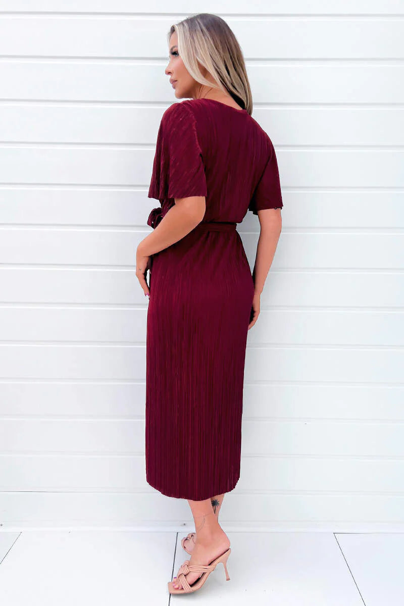 Trixie Wine Wrap Style Belted Midi Dress