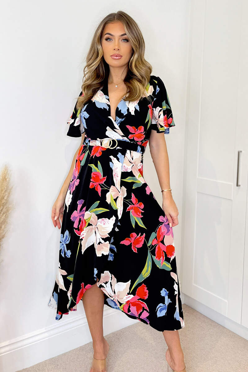 Willow Black Floral Multi Print Belted Midi Dress