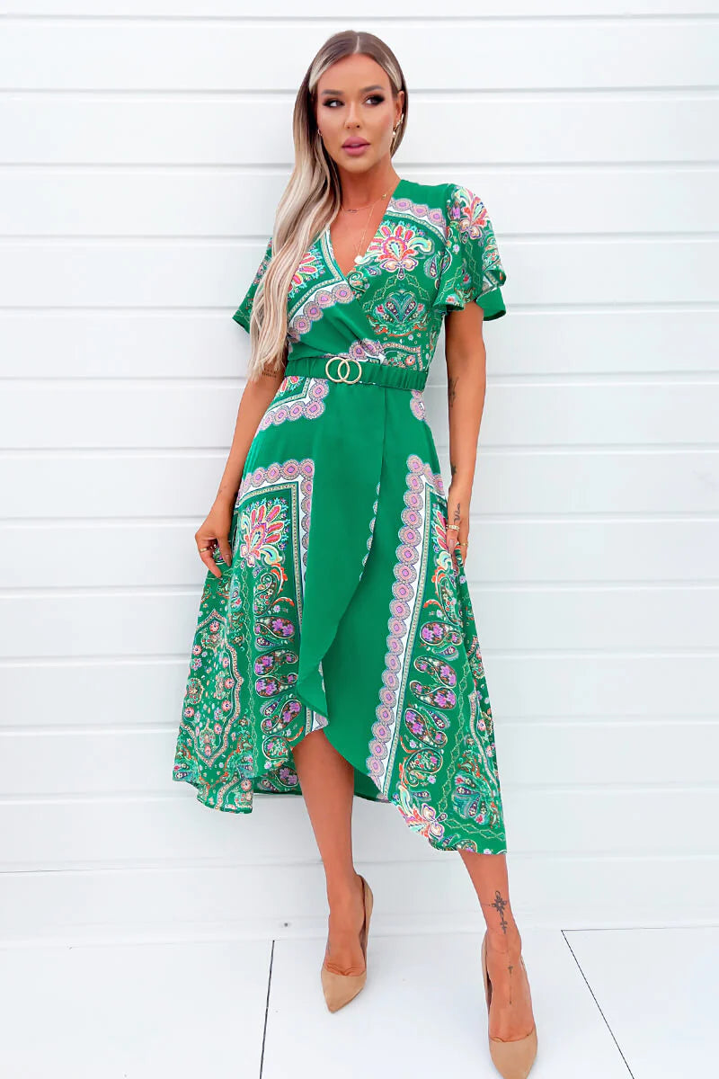 Bernie Green Paisley Print Short Sleeve Belted Midi Dress