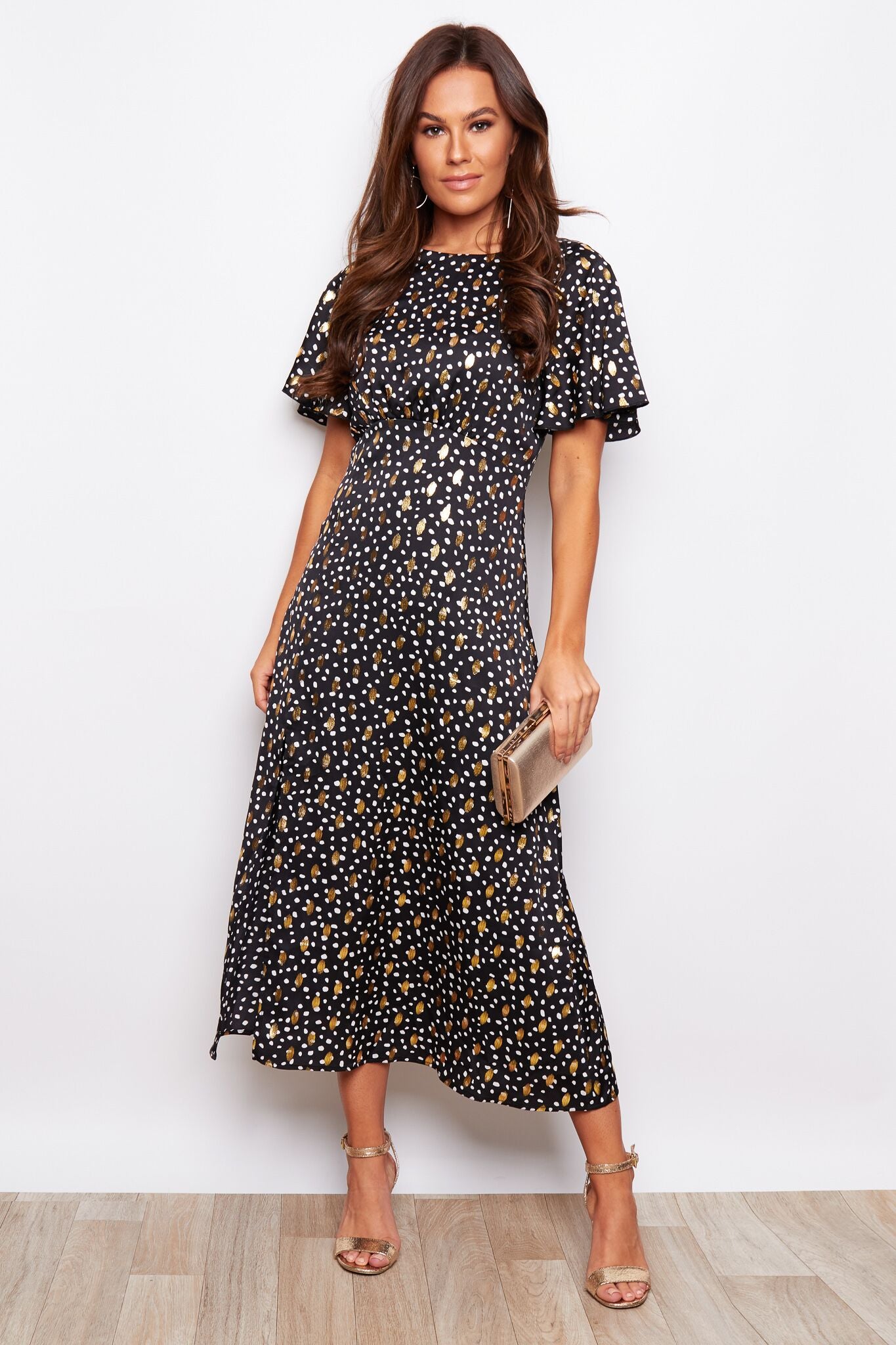 Jojo Black with Gold Foil Print Angel Sleeve Midi Dress