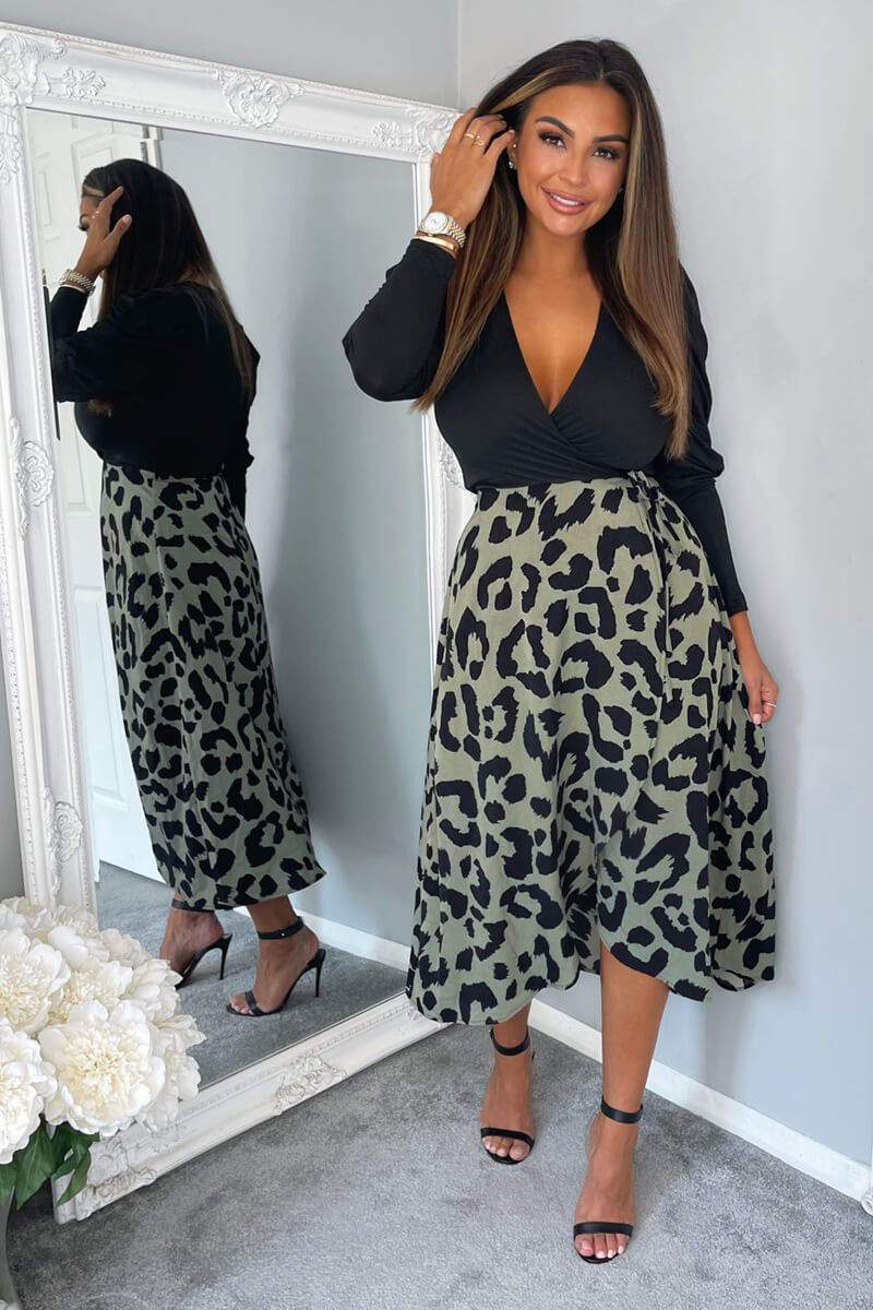 Bianca Black and Khaki 2 in 1 Animal Print Midi Dress