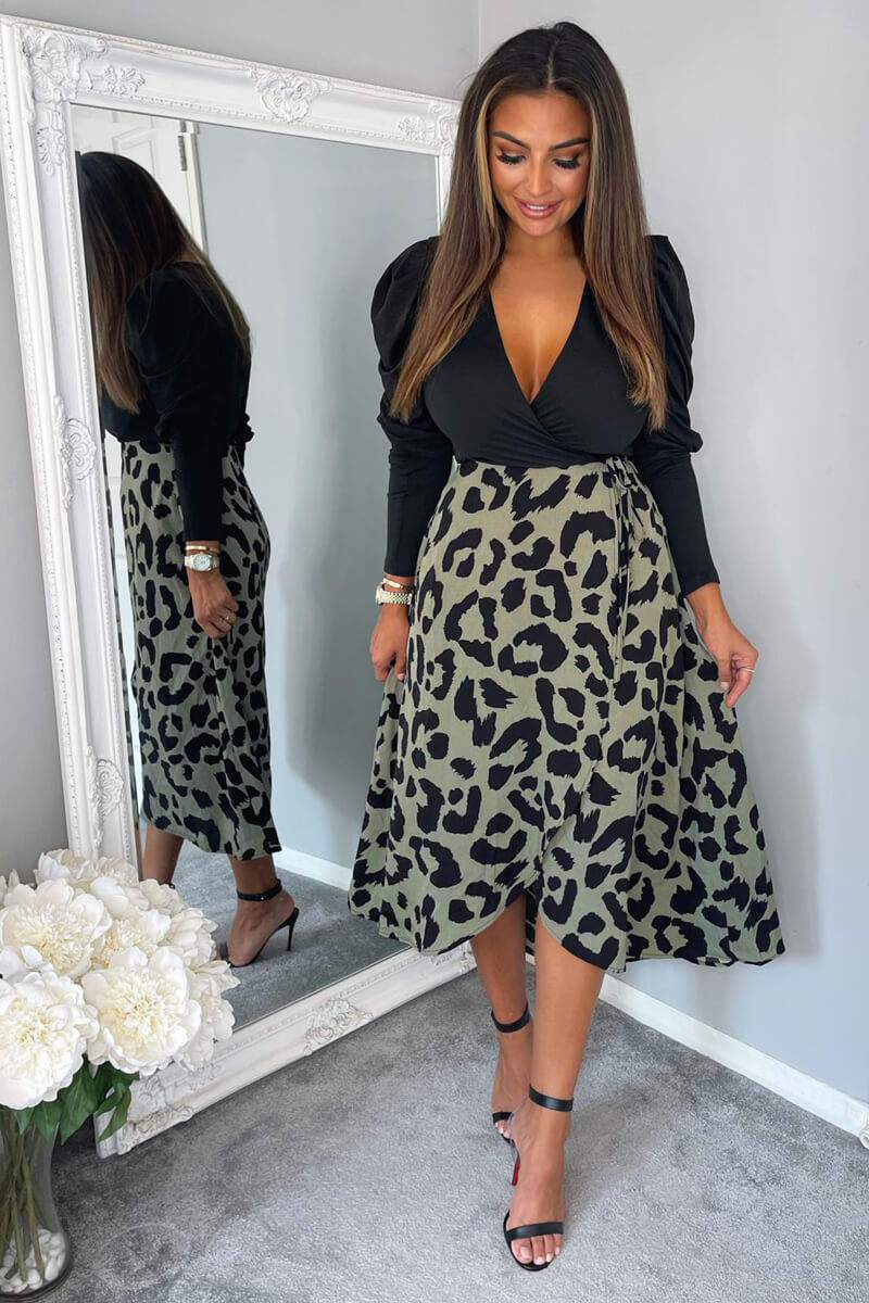 Bianca Black and Khaki 2 in 1 Animal Print Midi Dress