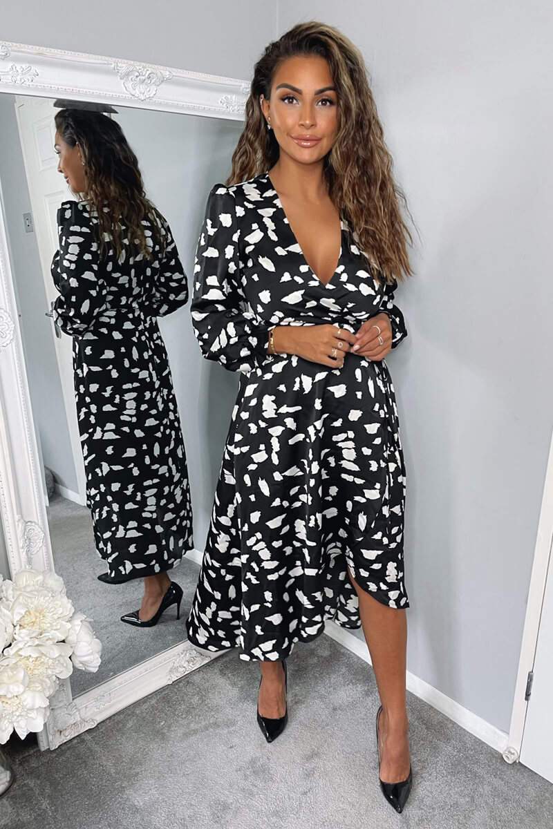 Jolena Black and White Wrap Style Midi Dress