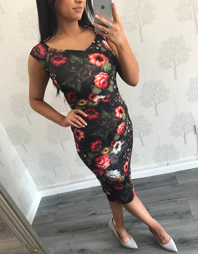 Black Floral Midi Dress