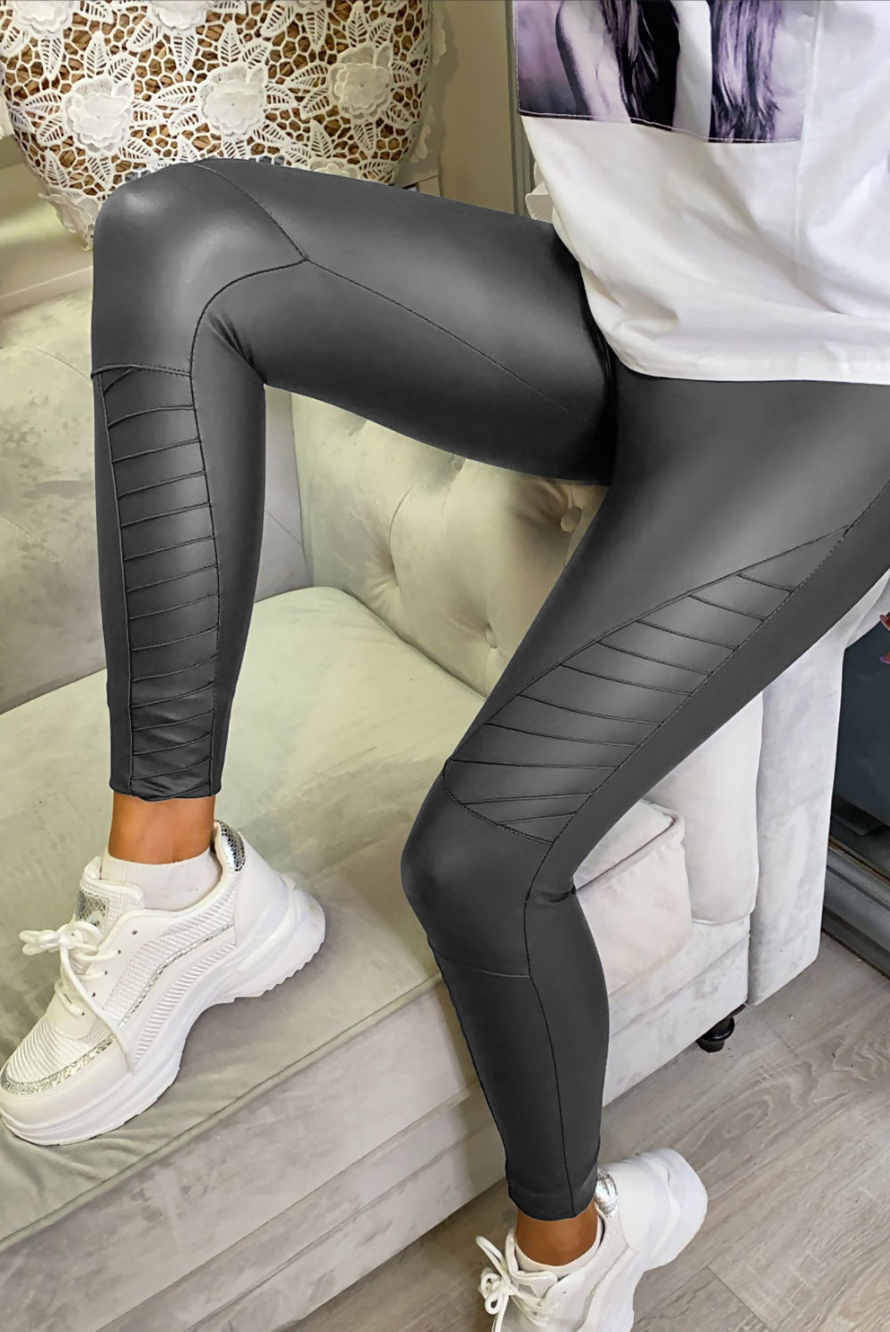 Pattie Charcoal Grey High Waist PU Biker Leggings