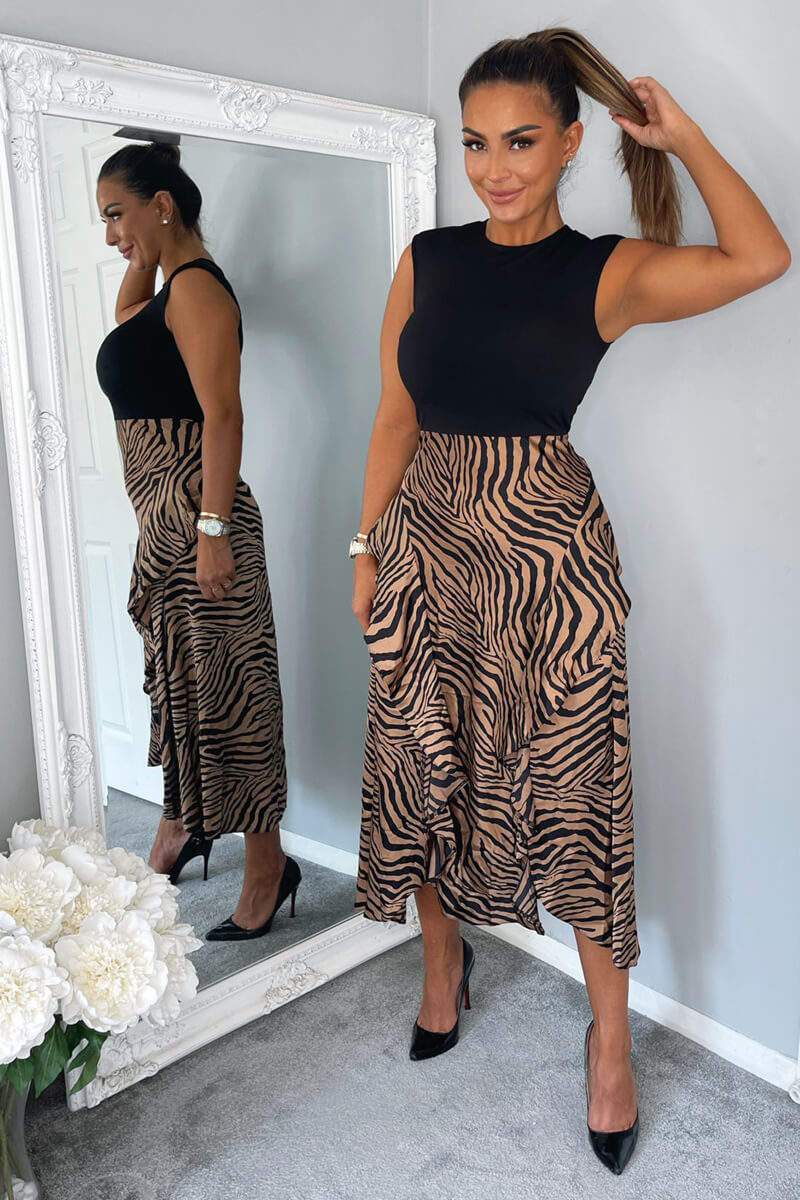 Willow Black and Camel Animal Print 2 in 1 Midi Dress