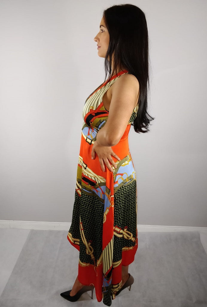 Caroline Orange Multi Chain Print Midi Dress