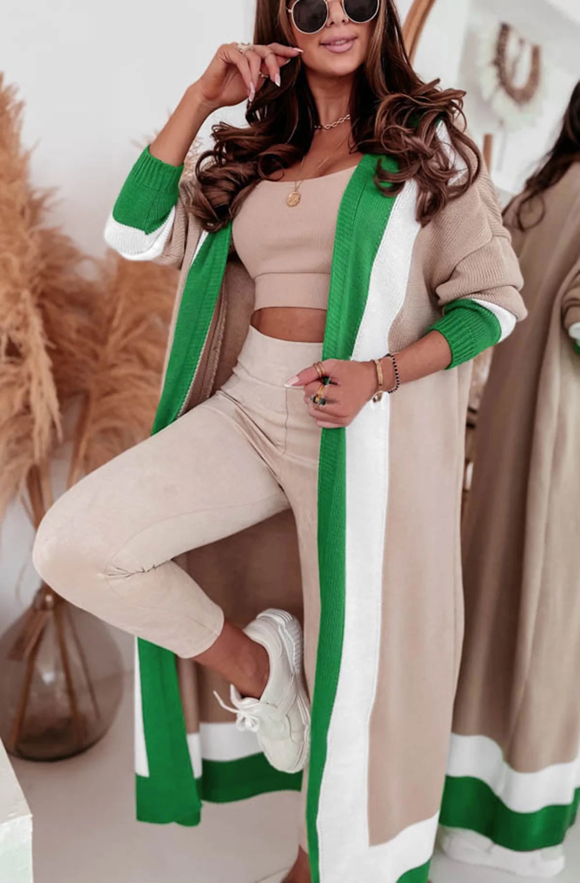 Tillie Green Colourblock Longline Knitted Cardigan