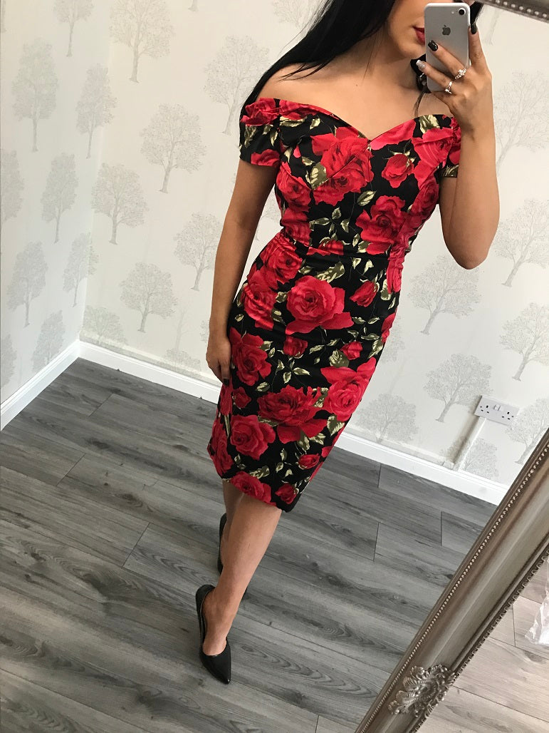 Claudia Black and Red Floral Pencil Dress