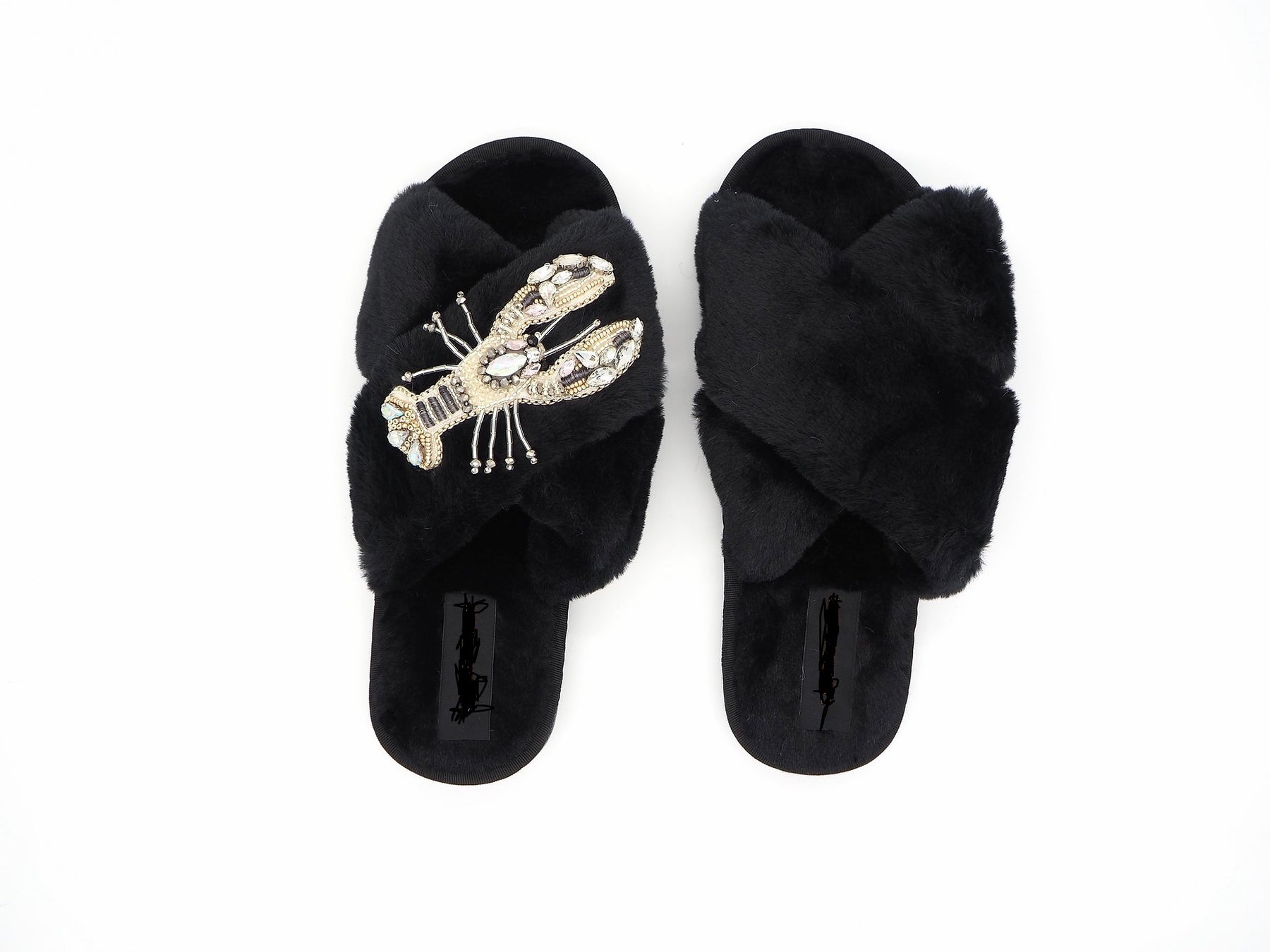 black faux fur slippers