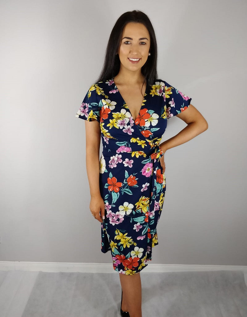 Dori Navy Floral Wrap Style Midi Dress