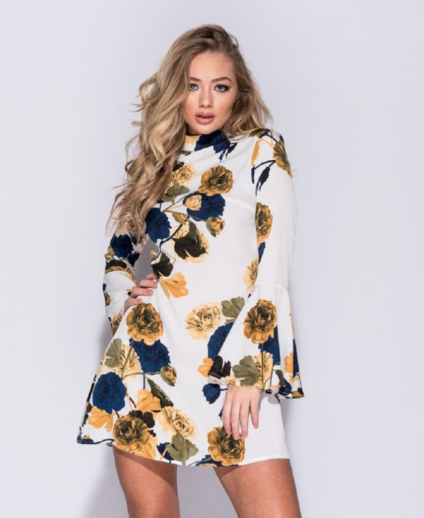 Ellen White Rose Print Flare Sleeve Shift Dress