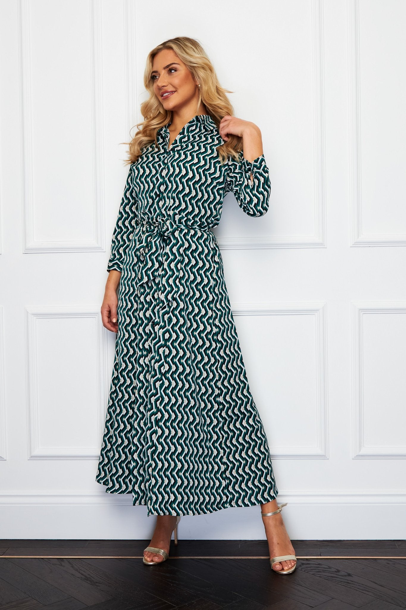 Carlie Emerald Geo Print Midi Shirt Dress