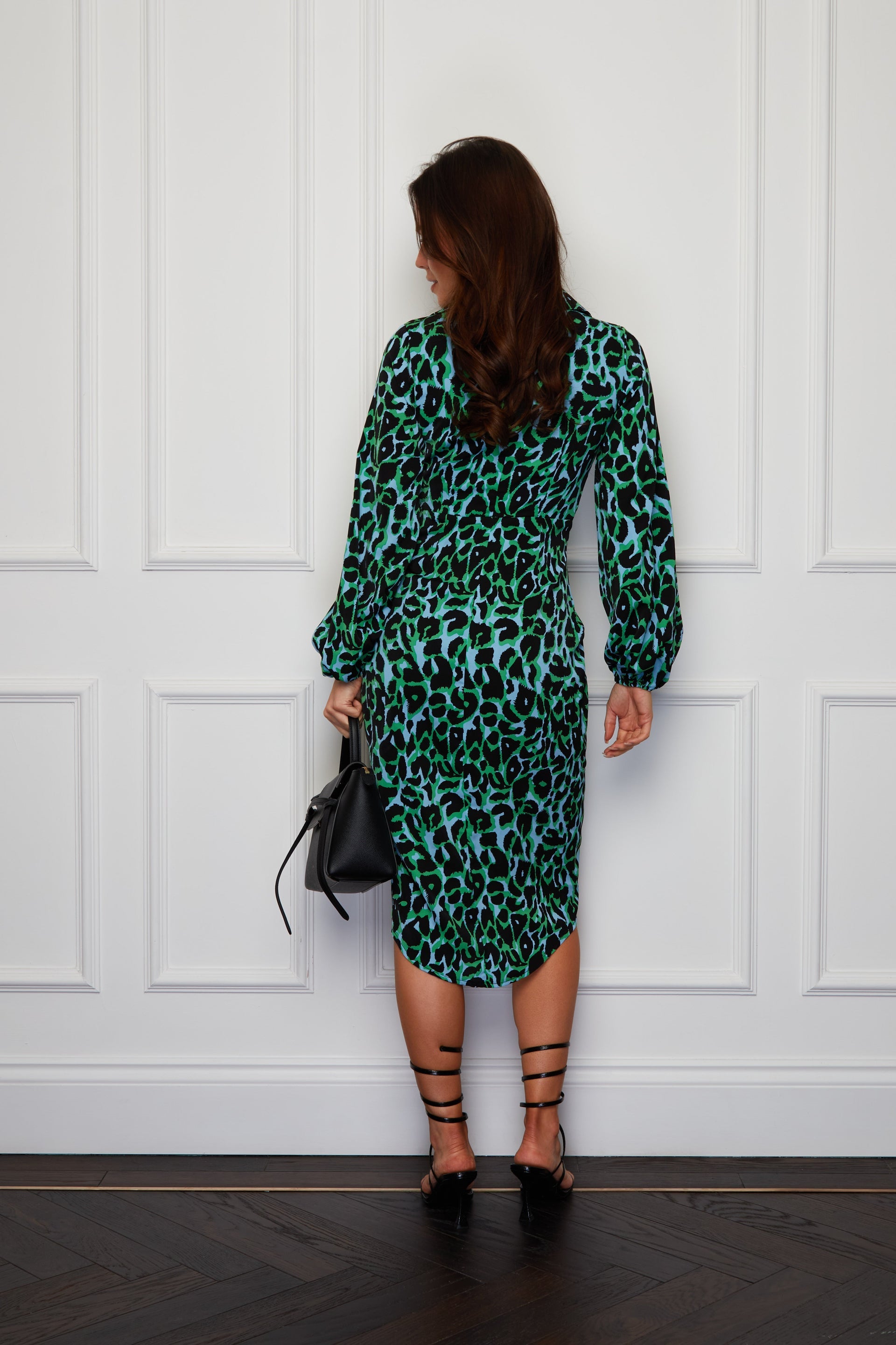 Aine Green Blue Leopard Print Long Sleeve Midi Dress