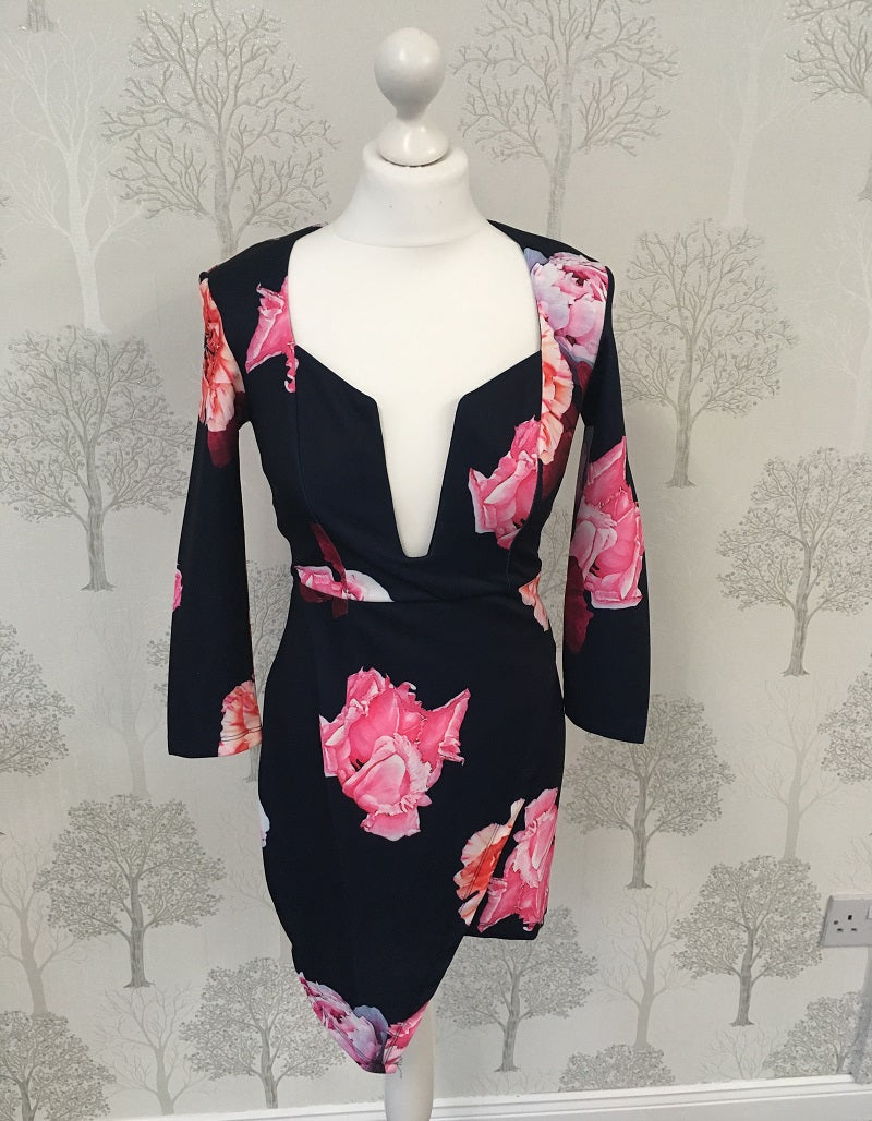 Gigi Navy and Pink Floral Deep V Neck Dress