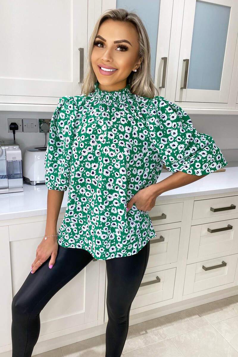 Sierra Green Printed Puff Sleeve Top