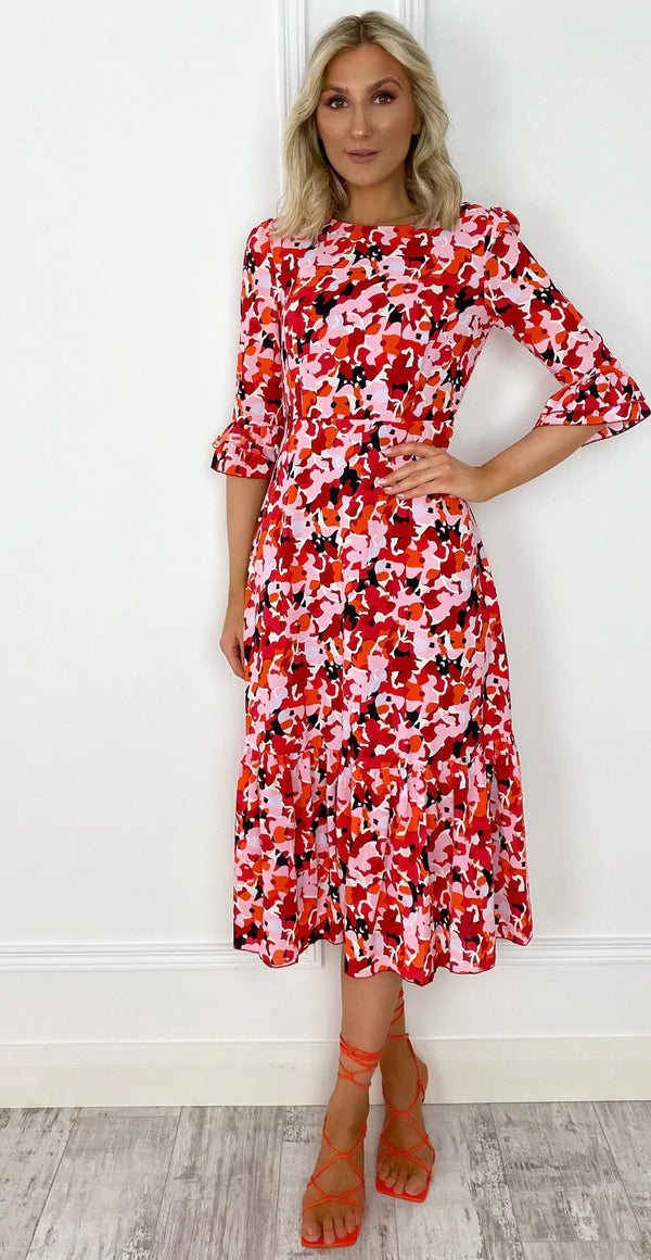 Cally Red Multi Floral Ruffle Midi Dress