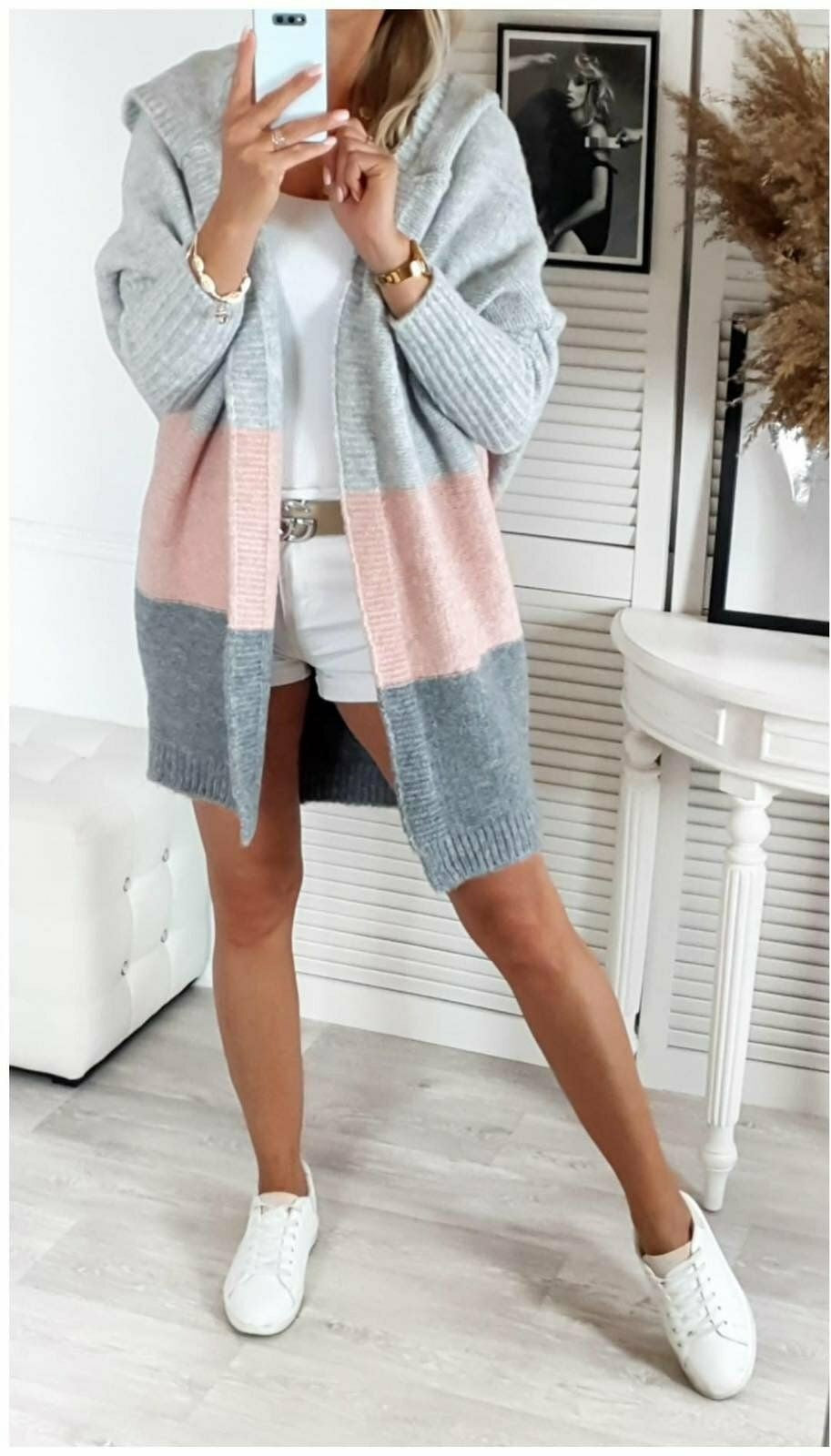 Isabella Grey and Pink Colour Block Cardigan