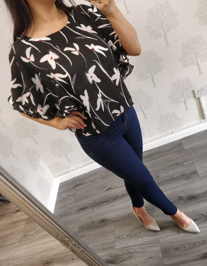 Milan Black Floral Frilled Sleeve Blouse