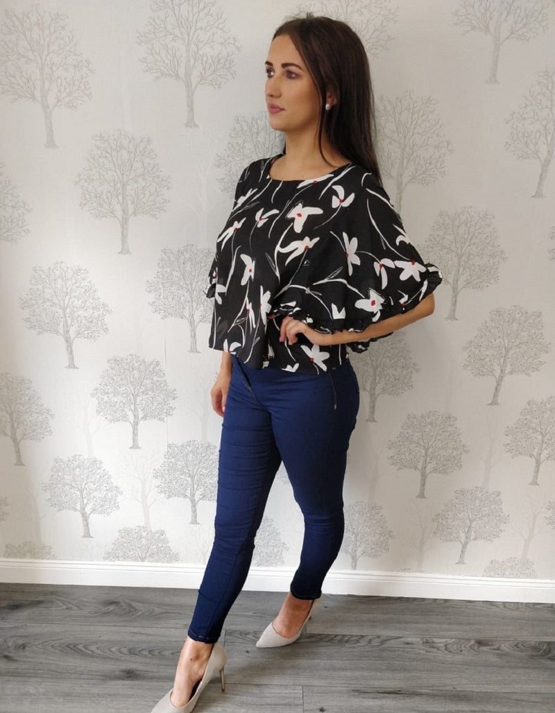 Milan Black Floral Frilled Sleeve Blouse