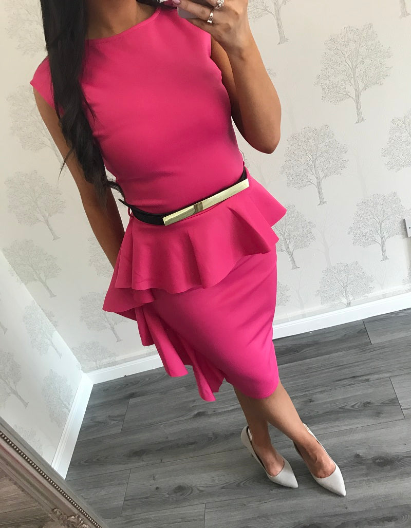 Nancy Pink Fitted Frilled Dress With Belt