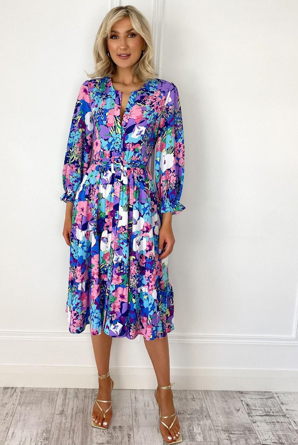 Ola Pink Blue Floral Print Belted Shirt Dress