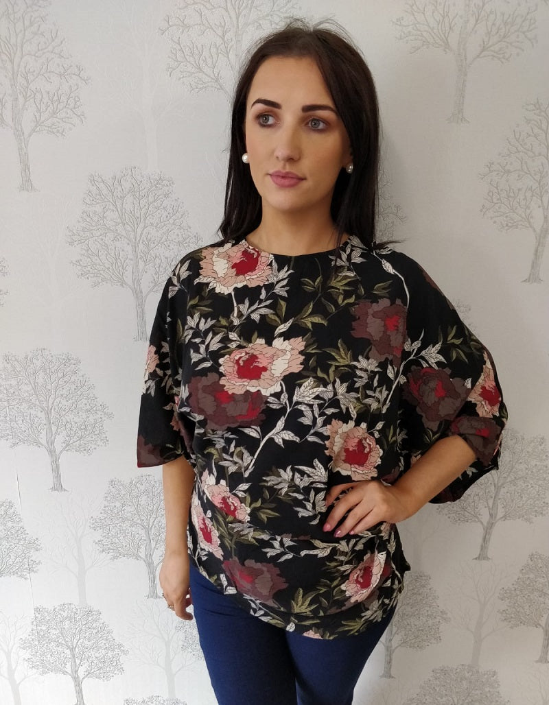 Orla Black Floral Batwing Blouse