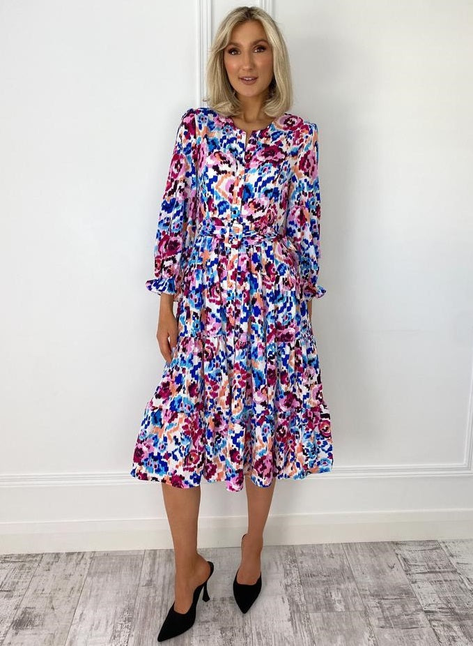 Paula Blue Multi Print Belted Shirt Dress