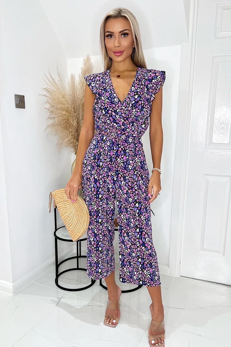 Chelsea Purple Print V Neck Belted Jumpsuit