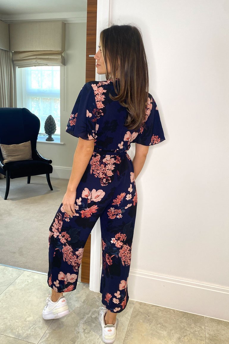 Alana Navy Floral Angel Sleeve Culotte Jumpsuit