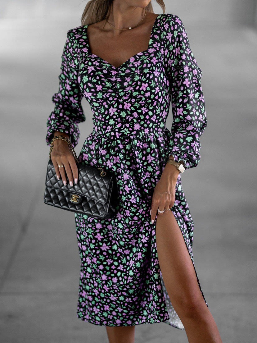 Paula Purple Green Floral Print Midi Dress