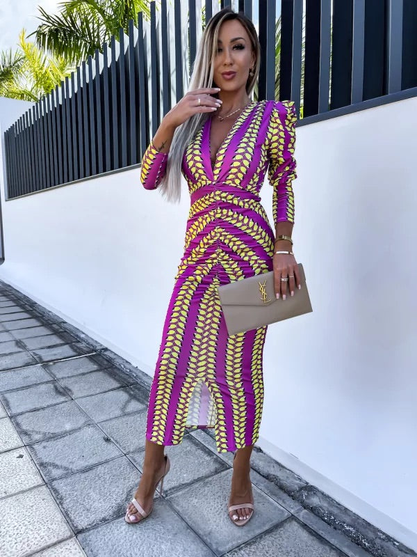 Carra Magenta Print Long Sleeve Midi Dress