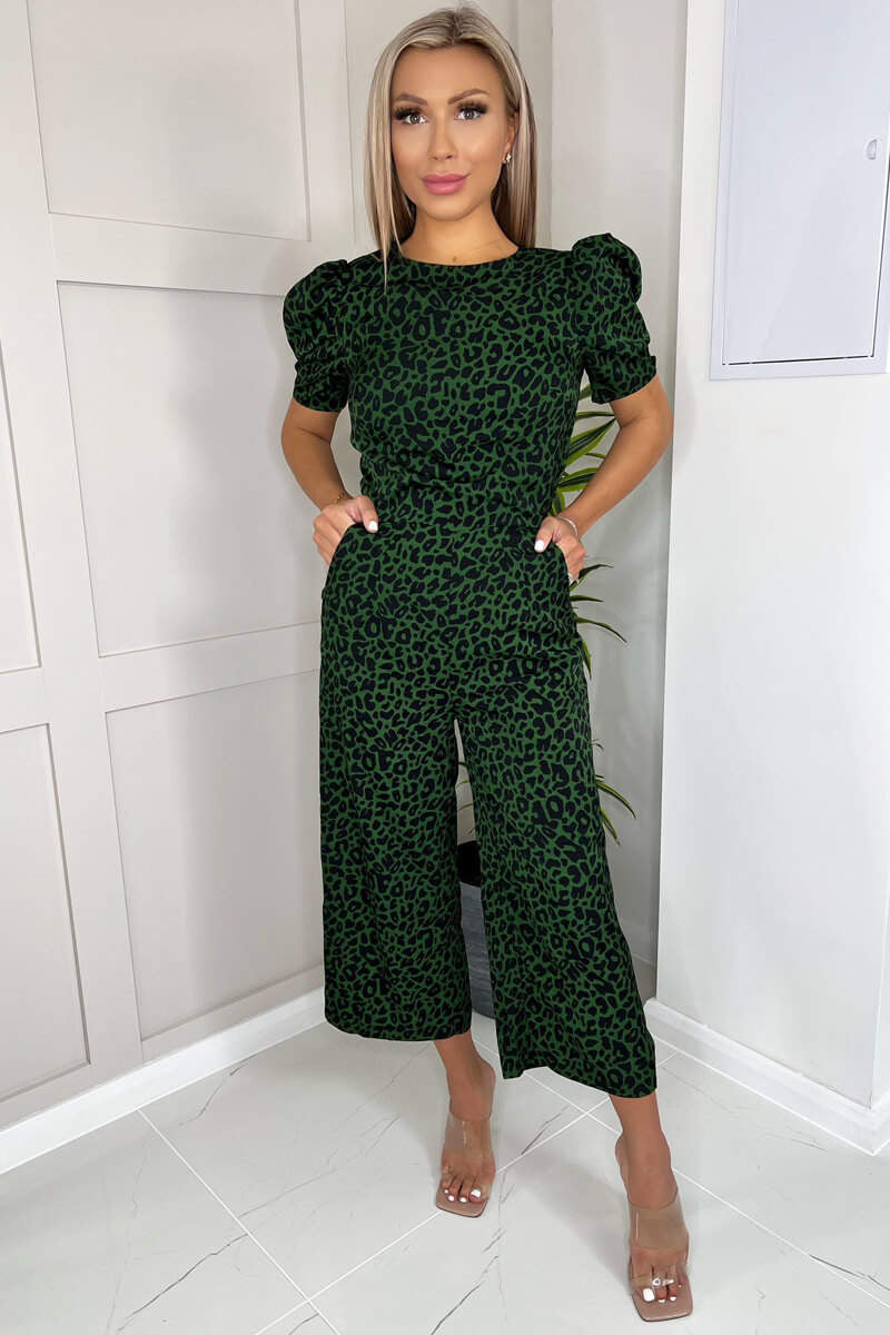 Adele Green Animal Pocket Puff Sleeve Jumpsuit