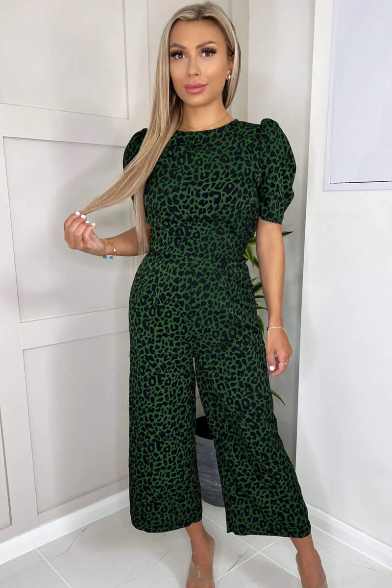 Adele Green Animal Pocket Puff Sleeve Jumpsuit