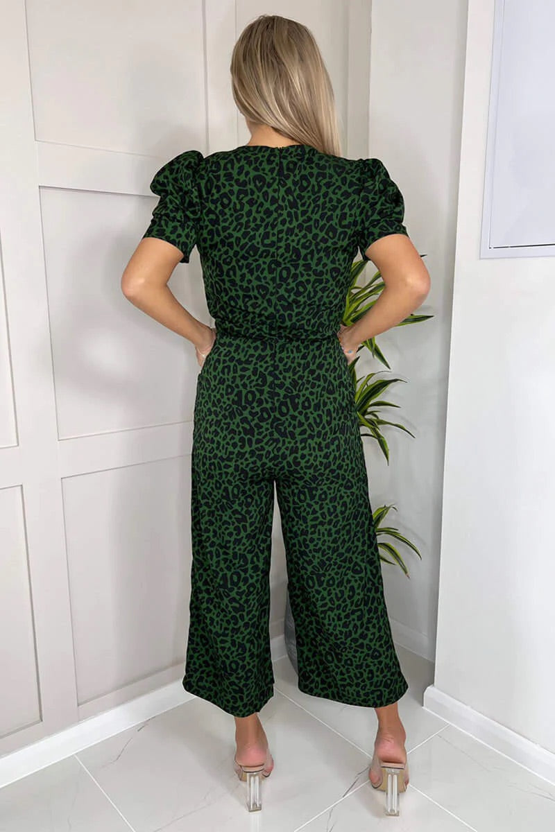 Adele Green Animal Pocket Puff Sleeve Jumpsuit